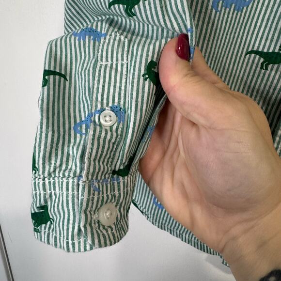 Children's Place Boys Green Striped Dinosaur Button Down Size 4T - Picture 9 of 9